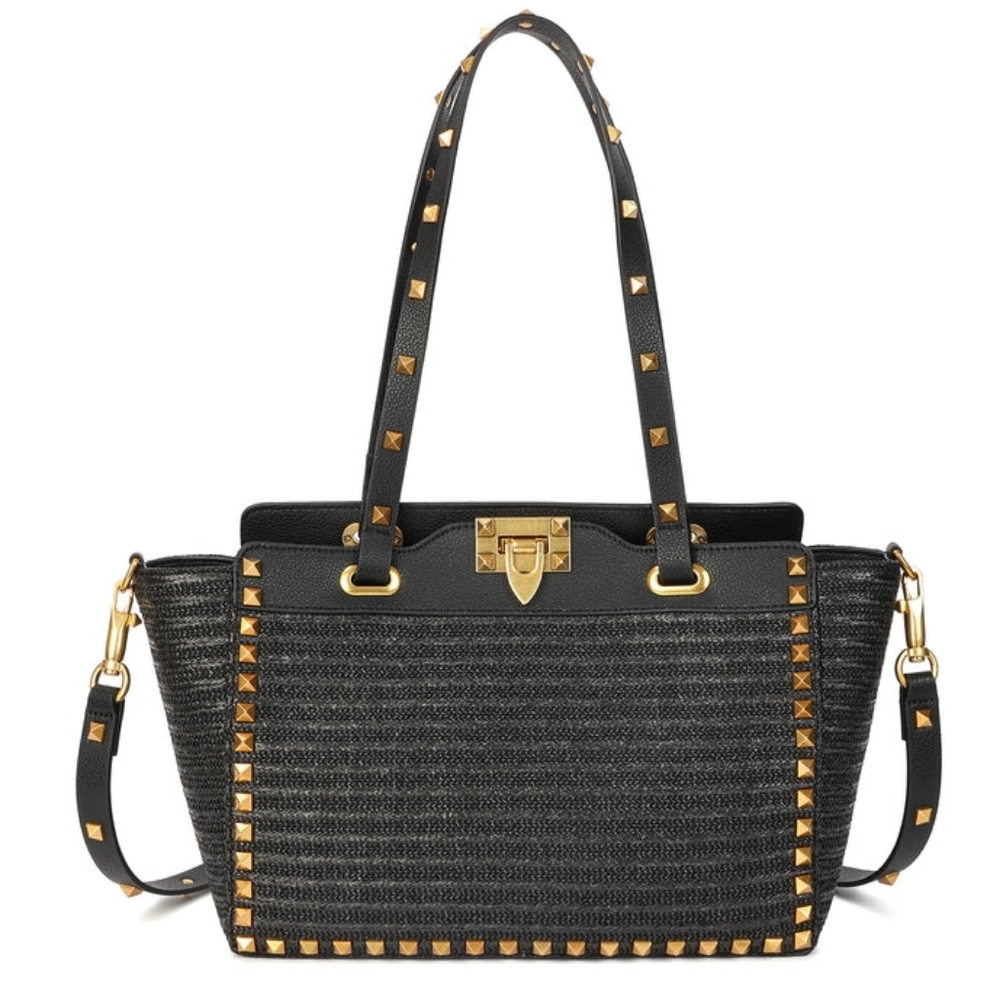 Tiffany & Fred Paris Raffia & Leather Black Tote